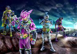 Rule 34 | 4boys, armor, belt, bodysuit, breastplate, building, cape, cityscape, clenched hands, cloud, crossed arms, full body, gloves, greaves, hand on own hip, helmet, holding, holding sword, holding weapon, kamen rider, kamen rider brave, kamen rider ex-aid, kamen rider ex-aid (series), kamen rider genm, kamen rider snipe, legs apart, lens flare, light rays, looking to the side, male focus, masukudo (hamamoto hikaru), multiple boys, outdoors, over shoulder, pauldrons, shoulder armor, sky, skyscraper, spikes, standing, sword, sword over shoulder, utility belt, vambraces, weapon, weapon over shoulder