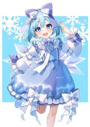 Rule 34 | 1girl, adapted costume, blue bow, blue dress, blue eyes, blue hair, blue nails, blush, bow, cirno, dress, fairy, fingernails, frilled dress, frills, hair between eyes, hair bow, hair ornament, highres, ice, ice wings, kuroda (chokobo 314), long sleeves, looking at viewer, nail polish, open mouth, short hair, smile, snowflake hair ornament, solo, touhou, twitter username, wings