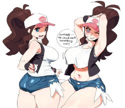 Rule 34 | 1girl, armpits, arms behind head, ass, baseball cap, blue eyes, blush, breasts, collarbone, creatures (company), crop top, crop top overhang, game freak, hat, hilda (pokemon), holding, holding own hair, large breasts, midriff, multiple views, navel, nintendo, one eye closed, open mouth, pokemon, pokemon bw, ponytail, shirt, smile, white headwear, white shirt, whoopsatro