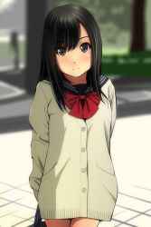 Rule 34 | 1girl, bag, black eyes, black hair, black sailor collar, blurry, blurry background, blush, bow, brown cardigan, cardigan, closed mouth, commentary request, cowboy shot, day, depth of field, hair between eyes, head tilt, highres, holding, holding bag, long hair, long sleeves, matsunaga kouyou, nose blush, original, outdoors, red bow, sailor collar, school bag, school uniform, serafuku, sleeves past fingers, sleeves past wrists, smile, solo, standing