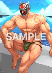 Rule 34 | 1boy, abs, algernon (housamo), bara, bare pectorals, barefoot, beach, bulge, camouflage, camouflage male underwear, character request, commission, day, foot out of frame, green male underwear, harada (basashi), helmet, jockstrap, large pectorals, looking at viewer, male focus, male underwear, muscular, muscular male, navel, nipples, pectorals, print male underwear, skeb commission, solo, stomach, sunlight, thick thighs, thighs, tokyo houkago summoners, underwear, underwear only, water