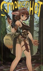 Rule 34 | 1girl, absurdres, ak-74, ammunition pouch, animal ears, assault rifle, beret, black eyes, breasts, brown hair, camouflage, camouflage pants, cleavage, english text, fang, fingernails, forest, gun, hat, highres, holding, holding gun, holding weapon, kalashnikov rifle, knife, medium breasts, military, nature, original, pants, pouch, rifle, rifleman1130, sharp fingernails, short hair, short shorts, shorts, solo, tail, tank top, weapon