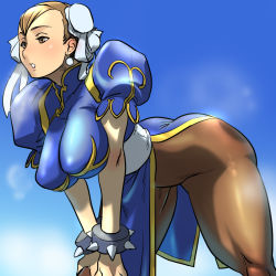 Rule 34 | 1girl, :o, ass, bad id, bad pixiv id, bent over, blush, bracelet, breasts, breath, brown eyes, brown hair, brown pantyhose, bun cover, capcom, china dress, chinese clothes, chun-li, cosine, double bun, dress, earrings, from below, hair bun, hanging breasts, highres, jewelry, large breasts, leggings, legs, looking away, muscular, no panties, open mouth, outdoors, pantyhose, pelvic curtain, puffy sleeves, short sleeves, sky, solo, spiked bracelet, spikes, standing, street fighter, thick thighs, thighs