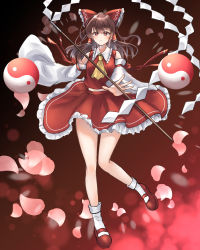 Rule 34 | 1girl, absurdres, ascot, bad id, bad pixiv id, bobby socks, bow, brown hair, detached sleeves, frilled shirt collar, frilled skirt, frills, full body, gohei, hair bow, hair tubes, hakurei reimu, highres, holding, knees together feet apart, long hair, looking at viewer, mary janes, orb, petals, petticoat, red bow, red eyes, red shirt, red skirt, ribbon-trimmed sleeves, ribbon trim, shirt, shoes, sidelocks, siragi 89, skirt, skirt set, socks, solo, standing, touhou, white socks, wide sleeves, yin yang, yin yang orb