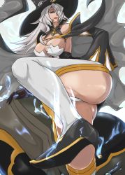 Rule 34 | 1girl, alternate color, arc system works, ass, blazblue, blazblue: central fiction, blue eyes, breasts, cape, covered erect nipples, detached sleeves, dress, fire, gloves, hair over one eye, hat, high heels, konoe a. mercury, large breasts, long hair, looking at viewer, looking down, open mouth, panties, pantyshot, parted lips, phantom (blazblue), shiny skin, short dress, silver hair, smile, solo, thighhighs, thong, underwear