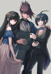 Rule 34 | 1girl, 2boys, ahoge, alternate hairstyle, bare shoulders, black jacket, blue neckwear, blunt bangs, bow, bowtie, braid, commentary request, danganronpa (series), danganronpa 10th anniversary costume, danganronpa v3: killing harmony, facial hair, from side, goatee, grey background, grin, hair ornament, hand on another&#039;s shoulder, hand on own hip, harukawa maki, highres, jacket, long hair, long sleeves, looking at viewer, looking to the side, momota kaito, multiple boys, necktie, off-shoulder shirt, off shoulder, official alternate costume, red eyes, saihara shuichi, shirt, short hair, simple background, smile, space print, starry sky print, tailcoat, vest, visket53, white shirt