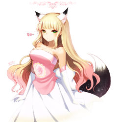 Rule 34 | 00s, 1girl, animal ears, bettols, blonde hair, character request, dungeon and fighter, female focus, fox ears, fox tail, green eyes, highres, korean text, long hair, looking at viewer, simple background, solo, tail, white background