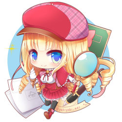 Rule 34 | &gt;:), 1girl, black thighhighs, blonde hair, blue eyes, blush, boots, breasts, capelet, chibi, closed mouth, commentary request, cross, cross earrings, drill hair, earrings, food, frilled skirt, frills, full body, hat, holding, holding food, ice cream, ice cream cone, jewelry, large breasts, lily (shironeko project), long hair, long sleeves, looking at viewer, magnifying glass, pleated skirt, red capelet, red footwear, red hat, red skirt, shironeko project, shirt, skirt, smile, soft serve, solo, sparkle, standing, standing on one leg, thighhighs, twitter username, v-shaped eyebrows, very long hair, white shirt, yukiyuki 441