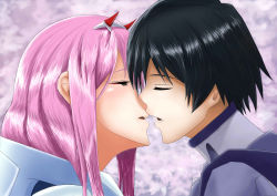 Rule 34 | 10s, 1boy, 1girl, absurdres, bad id, bad pixiv id, black bodysuit, black hair, bodysuit, cherry blossoms, closed eyes, commentary request, couple, darling in the franxx, face-to-face, facing another, forehead-to-forehead, hair ornament, hairband, heads together, hetero, highres, hiro (darling in the franxx), horns, imminent kiss, long hair, oni horns, pilot suit, pink hair, red horns, short hair, user gdnz3825, white bodysuit, white hairband, zero two (darling in the franxx)