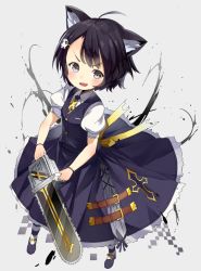 Rule 34 | ahoge, animal ears, atage, belt, black eyes, black hair, blush, cat ears, chainsaw, cross, dress, fang, hair ornament, hairclip, necktie, open mouth, original, skull, solo, striped clothes, striped thighhighs, thighhighs