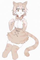 Rule 34 | 1girl, :p, animal ear fluff, animal ears, bow, bowtie, brown eyes, brown theme, cat (kemono friends), cat ears, cat girl, cat tail, collar, cropped legs, elbow gloves, extra ears, gloves, hair between eyes, highres, kemono friends, kona ming, light brown hair, limited palette, looking at viewer, paw pose, short hair, simple background, skirt, solo, tail, thighhighs, tongue, tongue out, white background, zettai ryouiki