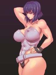 Rule 34 | 1girl, arm up, bare shoulders, belt, black background, breasts, covered erect nipples, female focus, fingerless gloves, ghost in the shell, gloves, groin, hand on own hip, highres, huge breasts, kusanagi motoko, large breasts, lips, purple eyes, purple hair, sashizume soutarou, short hair, simple background, solo, thick thighs, thighs, toned