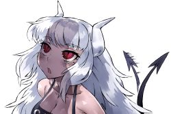 Rule 34 | 1girl, :o, bare shoulders, blush, breasts, cleavage, collarbone, demon tail, grey hair, haraya manawari, helltaker, horns, long hair, looking up, lucifer (helltaker), mole, mole under eye, open mouth, penis shadow, red eyes, simple background, solo, tail, tail wagging, upper body, white background, white horns