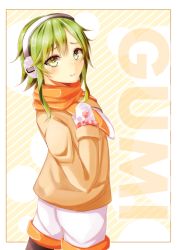 Rule 34 | 1girl, absurdres, bad id, bad pixiv id, black pantyhose, blush, character name, coat, earmuffs, fur trim, gloves, green eyes, green hair, gumi, hairband, hand on own chest, highres, looking at viewer, matching hair/eyes, mugipot, mugita77, orange scarf, pantyhose, parted lips, scarf, short hair, shorts, simple background, solo, standing, vocaloid, white gloves, white shorts, winter clothes, winter coat