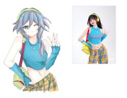 Rule 34 | 1girl, bare shoulders, belly, blue eyes, blue gloves, blue hair, blue shirt, closed mouth, dnh260, elbow gloves, fingerless gloves, fu hua, gloves, green bag, green headwear, grey hair, hair between eyes, honkai (series), honkai impact 3rd, long hair, low-tied long hair, low ponytail, one eye closed, pants, ponytail, shirt, simple background, sleeveless, smile, solo, upper body, white background, yellow pants