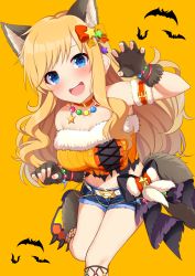Rule 34 | 1girl, absurdres, animal ears, bare shoulders, bat (animal), belt, blonde hair, blue eyes, blue shorts, blush, bow, bracelet, breasts, cleavage, crop top, cross-laced clothes, denim, denim shorts, fingerless gloves, fur trim, gloves, go-1, grey gloves, halloween costume, highres, idolmaster, idolmaster cinderella girls, jewelry, large breasts, long hair, looking at viewer, necklace, ohtsuki yui, open mouth, shirt, short shorts, shorts, simple background, smile, solo, tail, thighs, wavy hair, wolf ears, wolf tail, yellow background, yellow shirt