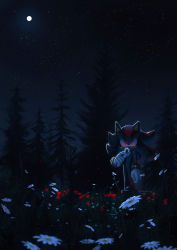 Rule 34 | 1boy, animal ears, animal nose, arm at side, artist name, backlighting, black fur, black hair, blurry, blurry foreground, body fur, closed mouth, dark, dated, flower, forest, full moon, furry, furry male, gloves, glowing, glowing eyes, grass, hand up, highres, holding, holding flower, long hair, looking at viewer, male focus, moon, moonlight, multicolored fur, multicolored hair, nature, outdoors, pine tree, red eyes, red flower, red fur, red hair, shadow the hedgehog, signature, sky, solo, sonic (series), spacecolonie, spiked hair, standing, star (sky), starry sky, streaked hair, tree, two-tone hair, white flower, white fur, white gloves