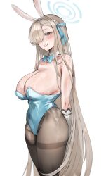 Rule 34 | 1girl, absurdres, animal ears, aqua bow, aqua bowtie, aqua eyes, aqua leotard, arms behind back, asuna (blue archive), asuna (bunny) (blue archive), bare shoulders, black pantyhose, blonde hair, blue archive, blush, bow, bowtie, breasts, cleavage, commentary, detached collar, elbow gloves, fake animal ears, from side, funyo (masa), gloves, hair ornament, hair over one eye, hairband, halo, highleg, highleg leotard, highres, large breasts, leotard, long hair, looking at viewer, mole, mole on breast, one eye covered, pantyhose, parted lips, playboy bunny, rabbit ears, simple background, smile, solo, thighband pantyhose, thighs, white background, white gloves, white hairband