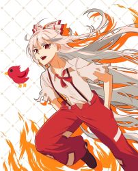 Rule 34 | 1girl, :d, bird, bow, elosia, fire, fujiwara no mokou, grey hair, hair bow, hands in pockets, highres, long hair, open mouth, pants, red eyes, red pants, shirt, simple background, smile, solo, suspenders, torn clothes, touhou, very long hair, white background, white shirt, wing collar