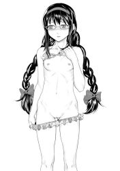Rule 34 | 10s, 1girl, akemi homura, bikini, black hair, blush, braid, clothes pull, doku sasori, flat chest, glasses, gluteal fold, greyscale, hairband, long hair, looking to the side, mahou shoujo madoka magica, mahou shoujo madoka magica (anime), monochrome, one-piece swimsuit pull, pussy, solo, standing, swimsuit, twintails