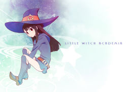 Rule 34 | 10s, 1girl, bad id, bad pixiv id, belt, boots, brown hair, copyright name, hat, highres, kagari atsuko, knee boots, little witch academia, long hair, looking at viewer, md5 mismatch, piroaki, red eyes, sitting, star (symbol), witch hat