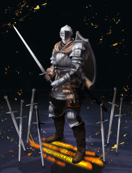 Rule 34 | 1boy, armor, brown capelet, capelet, chainmail, chosen undead, covered eyes, dark souls (series), dark souls i, embers, english text, from software, full armor, full body, gauntlets, helmet, highres, holding, holding sword, holding weapon, knight, male focus, nukotama, pauldrons, sheath, shield, shoulder armor, solo, standing, sword, visor (armor), weapon