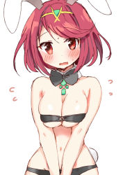 Rule 34 | 1girl, animal ears, bikini, blush, breasts, rabbit ears, rabbit tail, cleavage, embarrassed, female focus, looking at viewer, matching hair/eyes, medium breasts, navel, nintendo, open mouth, pyra (xenoblade), red eyes, red hair, simple background, skindentation, solo, swimsuit, tail, tatsunokosso, underboob, xenoblade chronicles (series), xenoblade chronicles 2, xenoblade chronicles (series), xenoblade chronicles 2