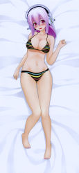 Rule 34 | 1girl, 3d, absurdres, artist request, bed, bikini, black bikini, blanket, blush, breasts, dakimakura (medium), full body, hand up, headphones, highres, knees together feet apart, large breasts, long hair, looking at viewer, lying, multicolored stripes, nitroplus, official art, on back, on bed, parted lips, pink hair, red eyes, scan, side-tie bikini bottom, solo, striped bikini, striped clothes, super sonico, swimsuit