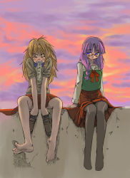 Rule 34 | 2girls, alternate costume, barefoot, bespectacled, blonde hair, braid, dusk, feet, female focus, full body, glasses, holding, holding shoes, kirisame marisa, long hair, messy hair, mouth hold, multiple girls, outdoors, pantyhose, patchouli knowledge, purple hair, school uniform, shoes, skirt, sky, socks, soles, spread toes, sunset, thighhighs, toes, touhou, uniform