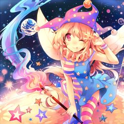 Rule 34 | 1girl, alternate legwear, american flag dress, american flag legwear, blonde hair, clownpiece, earth (planet), fairy wings, hat, jester cap, kirero, long hair, looking at viewer, moon, one eye closed, orange hair, pink eyes, planet, print thighhighs, shirt, sleeveless, smile, solo, star (symbol), striped, thighhighs, tongue, tongue out, torch, touhou, v, very long hair, wings