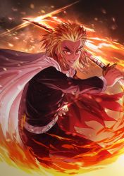 Rule 34 | 1boy, absurdres, belt, black jacket, black pants, blonde hair, bright pupils, buttons, cape, fire, floating cape, forked eyebrows, glowing, glowing sword, glowing weapon, hand up, highres, holding, holding sheath, holding sword, holding weapon, jacket, kimetsu no yaiba, long sleeves, male focus, open mouth, orange eyes, pants, rengoku kyoujurou, sheath, solo, soy chicken, sword, teeth, weapon, white belt, white cape