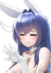Rule 34 | 1girl, :3, = =, absurdres, animal ears, azur lane, bare shoulders, blue hair, blush, breasts, bride, cleavage, closed eyes, closed mouth, collarbone, commentary, dress, fake animal ears, glint, gloves, hair between eyes, hair intakes, hand up, highres, irkawaza, jewelry, large breasts, long hair, new jersey (azur lane), new jersey (snow-white ceremony) (azur lane), official alternate costume, rabbit ears, ring, sidelocks, simple background, sleeveless, sleeveless dress, smile, smug, solo, twitter username, upper body, wedding dress, wedding ring, white background, white dress, white gloves