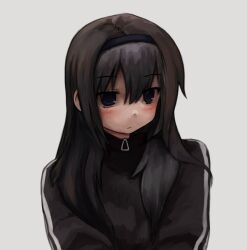 Rule 34 | 1girl, akemi homura, black eyes, black hair, black hairband, black jacket, blush, close-up, closed mouth, commentary, double vertical stripe, english commentary, expressionless, hair between eyes, hairband, jacket, long hair, long sleeves, looking at viewer, mahou shoujo madoka magica, portrait, simple background, solo, track jacket, upper body, white background, zipper pull tab, zoolpal