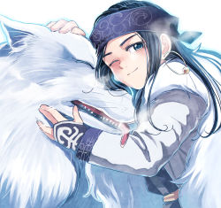 Rule 34 | 1girl, absurdres, ainu clothes, asirpa, black hair, blue eyes, blush, closed eyes, closed mouth, earrings, golden kamuy, headband, highres, jewelry, long hair, long sleeves, oh syz, one eye closed, petting, purple headband, retar, smile, wolf