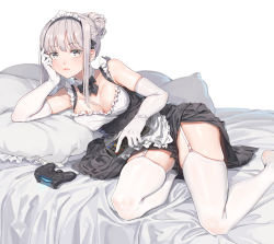 Rule 34 | 1girl, apron, armpit peek, bare shoulders, bed, black dress, bow, bowtie, breasts, cheek rest, cleavage, collarbone, controller, detached collar, dress, dualshock, elbow gloves, expressionless, fangxiang cuoluan, frilled dress, frills, game controller, gamepad, garter straps, gloves, grey eyes, grey hair, hair bun, large breasts, long hair, looking at viewer, maid, maid apron, maid headdress, no shoes, on bed, original, pillow, playstation controller, remote control, sidelocks, simple background, single hair bun, skindentation, sleeveless, sleeveless dress, solo, thighhighs, waist apron, white background, white gloves, white thighhighs, zettai ryouiki