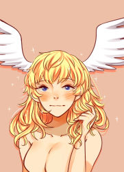 Rule 34 | 1girl, asuka ryou, blonde hair, blue eyes, blush, breasts, closed mouth, devilman, devilman crybaby, eyebrows, feathered wings, feathers, futanari, head wings, highres, long hair, navel, newhalf, nude, satan (devilman), simple background, solo, steph, upper body, wings