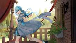 Rule 34 | 1girl, aged down, arms up, backlighting, blue eyes, blue hair, blue nails, bow, choker, dress, fantasy, flat chest, flower, hair bow, hair ornament, happy, high heels, highres, lantern, lee (saraki), long hair, looking at viewer, looking to the side, nail polish, original, outdoors, plant, potted plant, running, saraki, sash, shade, shoes, signature, sky, smile, socks, solo, sunlight, tree, watch, wristwatch