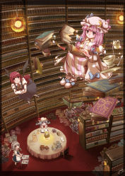 Rule 34 | 4girls, bad id, bad pixiv id, book, hugging book, bookmark, bookshelf, cake, dress, embodiment of scarlet devil, female focus, floating, floating object, food, from above, hat, head rest, head wings, highres, holding, holding book, indoors, izayoi sakuya, koakuma, leo hariyoru, library, light, maid, multiple girls, hugging object, pastry, patchouli knowledge, remilia scarlet, signature, table, tea, tiered serving stand, tiered tray, touhou, tray, voile, wings