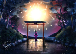 Rule 34 | 1girl, aerial fireworks, arms at sides, artist name, black hair, blue bow, bow, crack, fireflies, fireworks, forest, hair ornament, highres, japanese clothes, kimono, light, light particles, long hair, low ponytail, nameless neet, nature, night, night sky, original, outdoors, plant, print kimono, purple kimono, reflection, rock, scenery, signature, sky, slippers, solo, standing, stone wall, tile floor, tiles, torii, tree, wall, white legwear, yukata