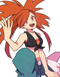 Rule 34 | 1girl, bare arms, breasts, cleavage, collarbone, creatures (company), flannery (pokemon), game freak, highres, medium breasts, midriff, navel, nintendo, open mouth, pokemon, pokemon oras, pokira (fjhanauta), red eyes, red hair, shirt, simple background, solo, tied shirt, white background
