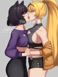 2girls ahoge alternate_costume animal_ears artist_name bare_shoulders black_hair blake_belladonna blonde_hair blush breast_press breasts camisole cat_ears cleavage cleavage_cutout clothing_cutout crop_top cslucaris eyewear_on_head french_kiss high_ponytail highres interlocked_fingers jacket kiss large_breasts long_hair medium_breasts midriff multiple_girls off-shoulder_shirt off_shoulder pants purple_eyes rwby saliva shirt short_hair short_shorts shorts sideboob sunglasses symmetrical_docking tongue tongue_out yang_xiao_long yellow_eyes yellow_jacket yoga_pants yuri