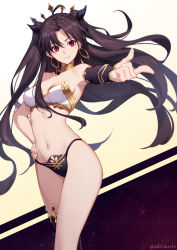 Rule 34 | 1girl, ahoge, armlet, asymmetrical legwear, asymmetrical sleeves, bare shoulders, bikini, black bikini, black hair, black thighhighs, blush, breasts, bridal gauntlets, cleavage, closed mouth, detached collar, detached sleeves, earrings, fate/grand order, fate (series), gradient background, hand on own hip, hoop earrings, ishtar (fate), jewelry, long hair, looking at viewer, neck ring, outstretched arm, parted bangs, red eyes, sakanasoko, single detached sleeve, single thighhigh, smile, solo, swimsuit, thighhighs, thighs, tiara, two side up, uneven legwear, uneven sleeves, white bikini