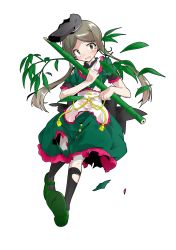 Rule 34 | 1girl, alphes (style), apron, bamboo, bamboo shoot, bare arms, black hat, black socks, bow, capelet, dairi, damaged, dress, eyebrows, full body, green dress, green eyes, green footwear, grey hair, hat, kneehighs, leaf, long hair, mary janes, open mouth, parody, ribbon, shoes, sidelocks, socks, solo, style parody, tears, teireida mai, torn clothes, torn dress, torn hat, touhou, transparent background, waist apron, white apron, white capelet, yellow bow, yellow ribbon