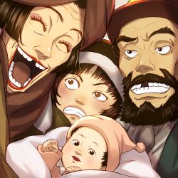 Rule 34 | 1girl, 2boys, :d, baby, beard, black eyes, black hair, brown eyes, clenched hand, closed eyes, facial hair, ficklerabbit, frown, gin (tokyo godfathers), grin, hana (tokyo godfathers), kiyoko (tokyo godfathers), looking at viewer, missing tooth, miyuki (tokyo godfathers), multiple boys, open mouth, short hair, smile, tokyo godfathers