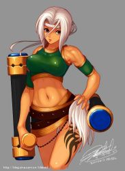Rule 34 | 00s, 1girl, armband, bandana, breasts, crop top, dated, dungeon and fighter, hand on own hip, huge weapon, microskirt, nipples, short hair, signature, skirt, tattoo, tattoo on legs, tildeed, tonfa, watermark, weapon, web address, white hair