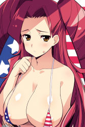 Rule 34 | 1girl, american flag bikini, areola slip, bikini, blush, breast hold, breasts, brown eyes, cleavage, clenched hand, drill hair, embarrassed, flag, flag print, heroman, huge breasts, large breasts, long hair, looking at viewer, micro bikini, red hair, sikorsky, sketch, solo, star (symbol), string bikini, striped background, striped bikini, striped clothes, sweatdrop, swimsuit, twin drills, twintails, two side up, united states, upper body, vera collins, very long hair