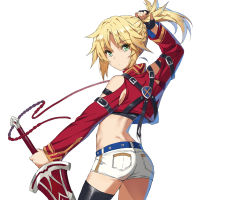 Rule 34 | 1girl, alternate costume, ass, belt, black thighhighs, blonde hair, braid, clarent (fate), commentary request, fate/grand order, fate (series), green eyes, hand in own hair, highres, holding, holding sword, holding weapon, mordred (fate), mordred (fate/apocrypha), ponytail, short shorts, shorts, simple background, solo, sword, thighhighs, tonee, weapon, white background