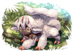 Rule 34 | 1girl, all fours, animal hands, bad id, bad pixiv id, dark-skinned female, dark skin, day, extra arms, faputa, grass, looking at viewer, made in abyss, manino (mofuritaionaka), monster girl, multiple tails, outdoors, parted lips, plant roots, short hair, signature, solo, tail, white hair, yellow eyes
