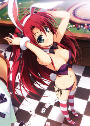 Rule 34 | 1girl, absurdres, animal ears, aqua eyes, blush, breasts, bunny girl, bustier, card, cleavage, fake animal ears, from above, highres, legs, lingerie, looking at viewer, looking up, medium breasts, midriff, navel, panties, playing card, purple panties, rabbit ears, red hair, ribbon, roulette, shiny skin, side-tie panties, solo, source request, striped clothes, striped thighhighs, thighhighs, twintails, underwear, yuuki hagure