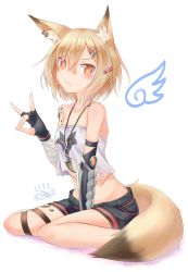 Rule 34 | 1girl, absurdres, animal ear fluff, animal ears, arknights, bandaged arm, bandages, black gloves, black shorts, blonde hair, blush, collarbone, commentary request, crop top, crop top overhang, detached wings, earrings, fingerless gloves, fox ears, fox shadow puppet, fox tail, gloves, hair between eyes, hair ornament, hairclip, highres, jewelry, kanimiso (juutilainen77), looking at viewer, material growth, midriff, notched ear, orange eyes, oripathy lesion (arknights), pendant, short hair, short shorts, shorts, simple background, sitting, solo, stomach, strapless, tail, thigh strap, tube top, vermeil (arknights), wariza, white background, wings